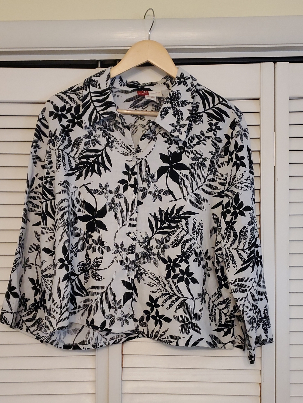JM Collection Tropical Neutral Top Blazer Shirt 100% Linen, Size 16